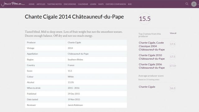 CHANTE CIGALE TRADITION BLANC 2014 - 15.5 JANCIS